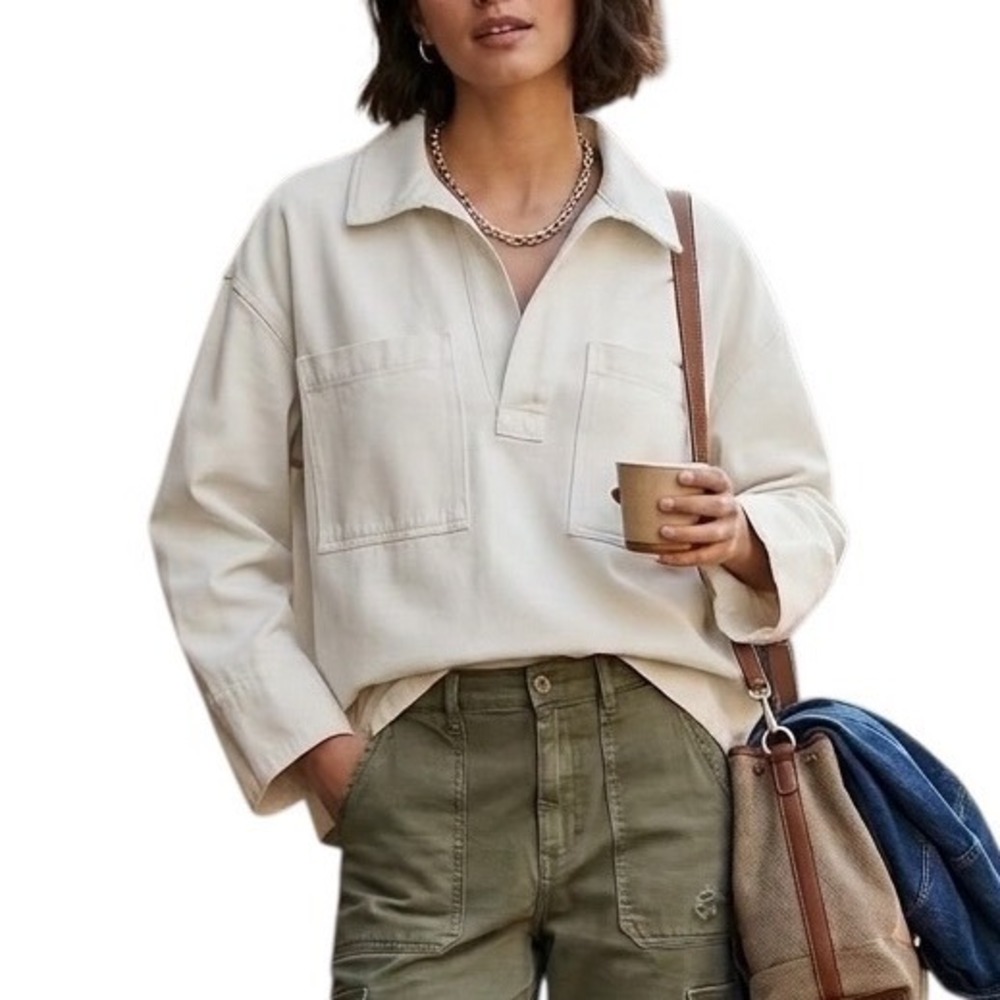 H&M Divided Cream Cotton Twill Oversized Utility Polo Shirt Long Sleeve Top S/M